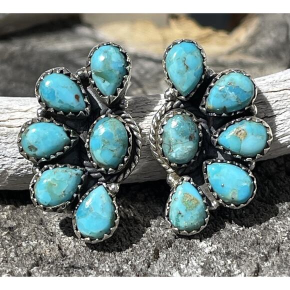 Southwest Jewelry - Turquoise Cluster Earrings Sterling Silver Southwestern Native Style Statement